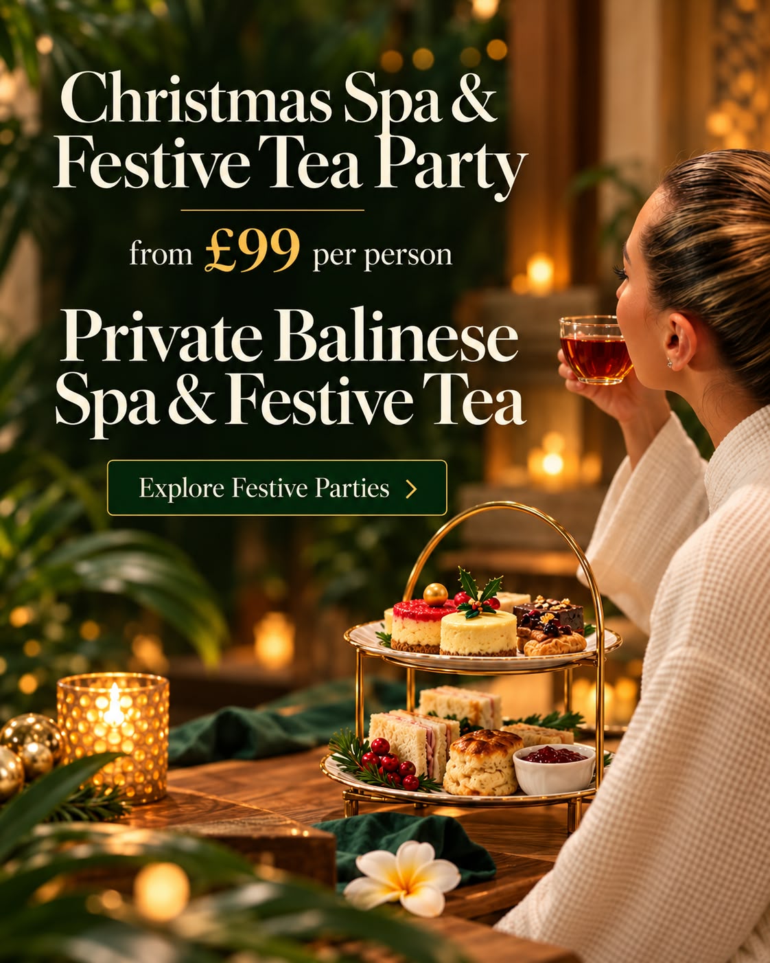 Christmas Spa and Festive Tea Party from £99 per person for groups of five or more. Explore festive parties at The Beauty Island Sanctuary in November and December 2026.